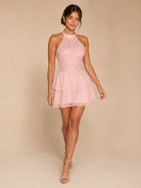 Pink Sequin Mesh Halter Mini Dress – Tiered Ruffle
