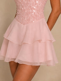 Pink Sequin Mesh Halter Mini Dress – Tiered Ruffle