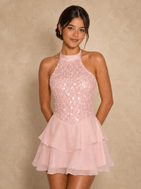 Pink Sequin Mesh Halter Mini Dress – Tiered Ruffle
