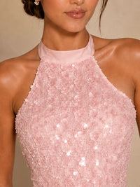 Pink Sequin Mesh Halter Mini Dress – Tiered Ruffle