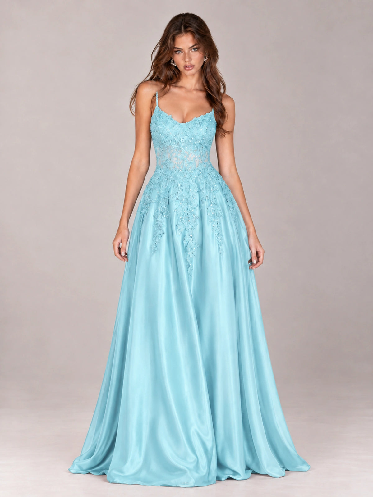 Lace Applique Satin A-Line Prom Dress with Sheer Bodice