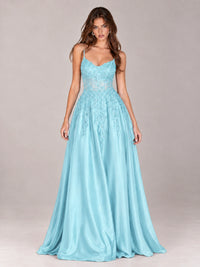 Lace Applique Satin A-Line Prom Dress with Sheer Bodice