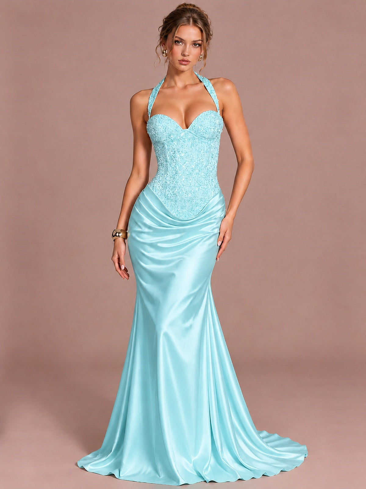 Aqua Sparkling Halter Corset Satin Mermaid Prom Dress Long Ruched Sequin Formal Gown Evening Party Dress