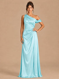 Aqua-satin one shoulder prom dress ruched long formal gow Jovelle