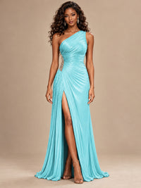 Burgundy One Shoulder Ruched Prom Dress with High Slit & Beaded Waist