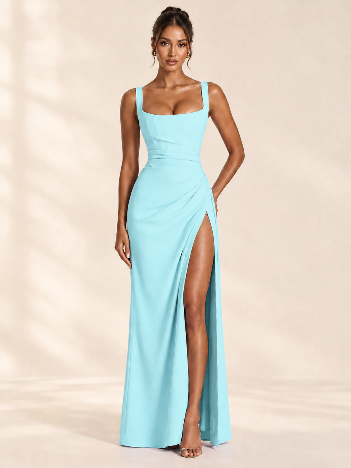 Square Neck Satin Sleeveless Ruched Prom Dress with High Slit