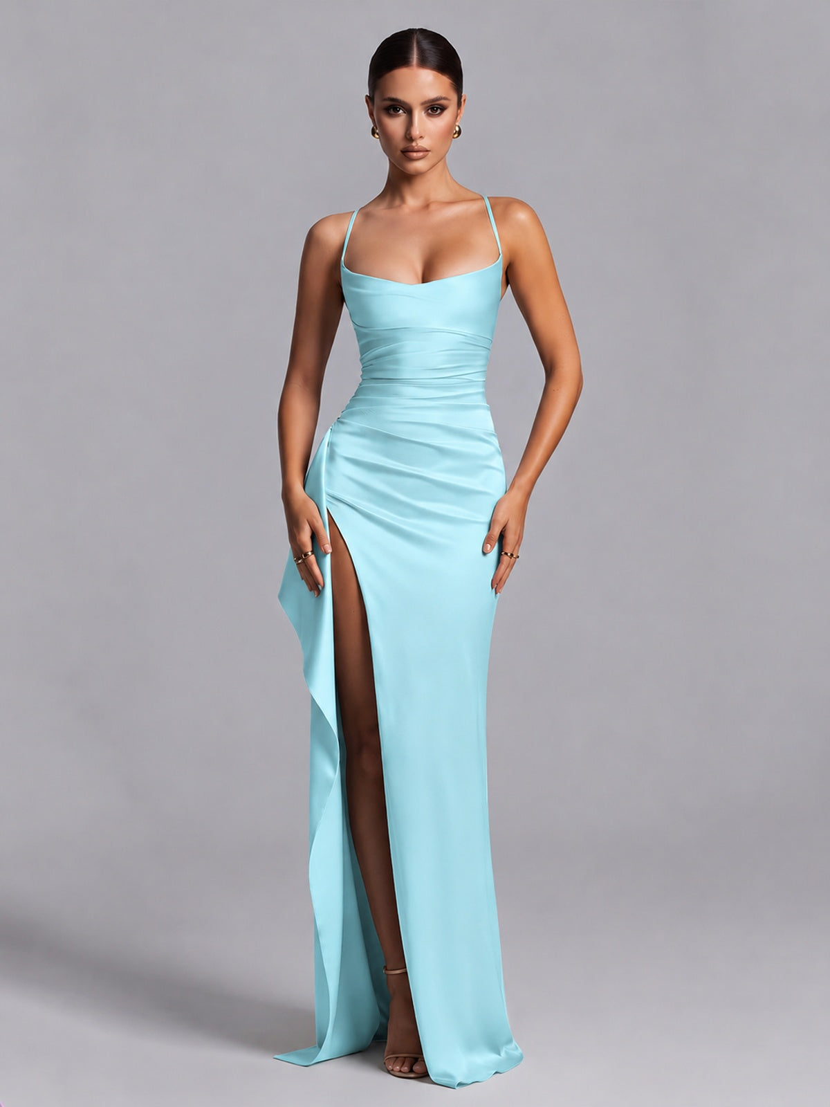 Aqua Squre Neck Pleated Satin Prom Dresses for Teens Women Long Evening Formal Gown with Slit Ruffles