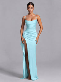 Aqua Squre Neck Pleated Satin Prom Dresses for Teens Women Long Evening Formal Gown with Slit Ruffles
