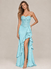 Strapless Lace Appliques Corset Satin Prom Dress Ruffle Slit Evening Gown