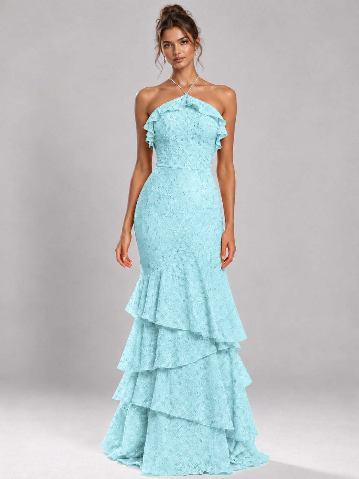 Halter Tiered Mermaid Prom Dress with Sparkly Lace
