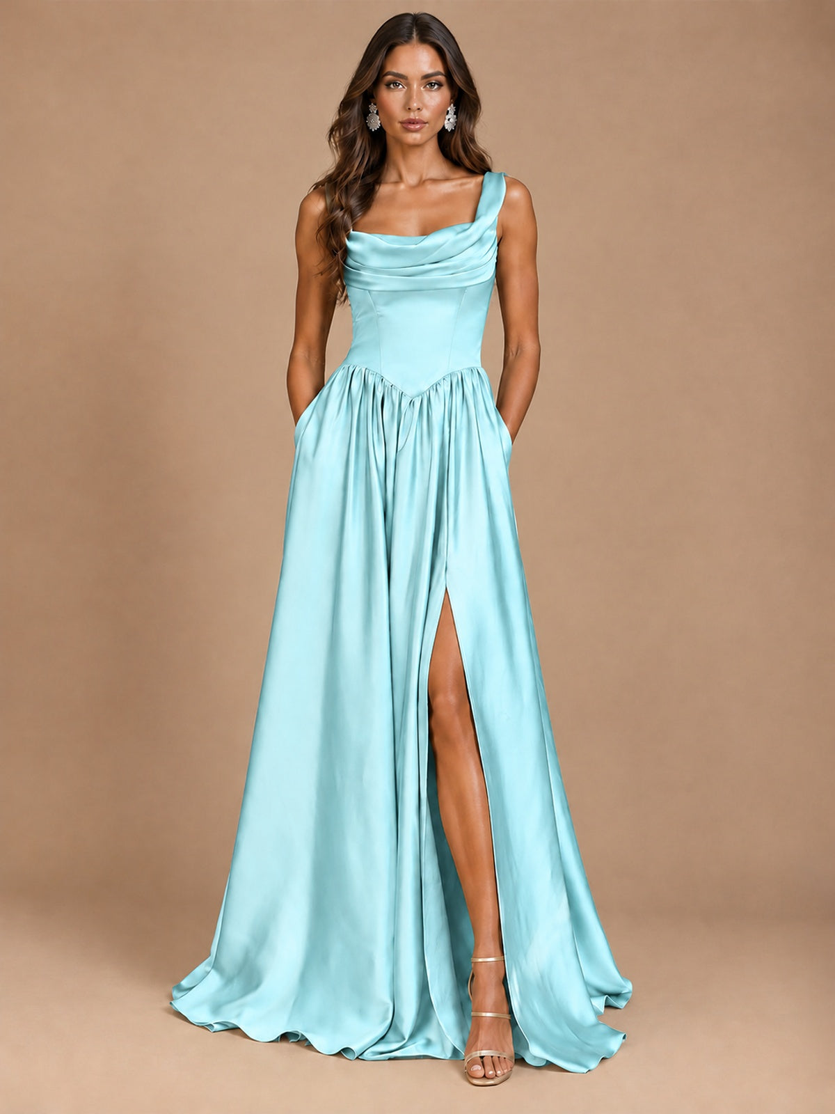 Cowl Neck Pleated Satin Prom Dress with Pockets & Slit Maxi Formal Gowns
