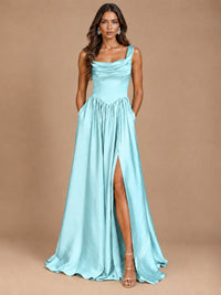 Cowl Neck Pleated Satin Prom Dress with Pockets & Slit Maxi Formal Gowns