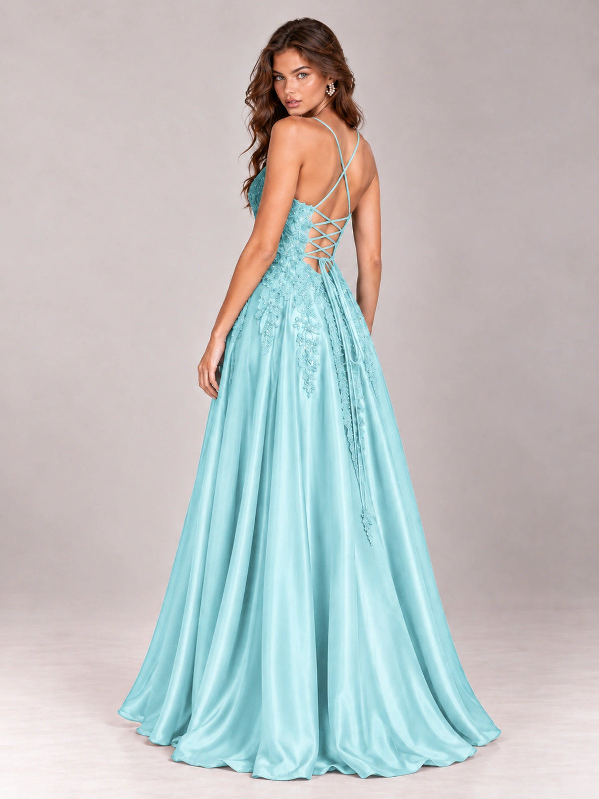 Lace Applique Satin A-Line Prom Dress with Sheer Bodice