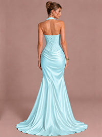 Sparkling Halter Corset Satin Mermaid Prom Dress