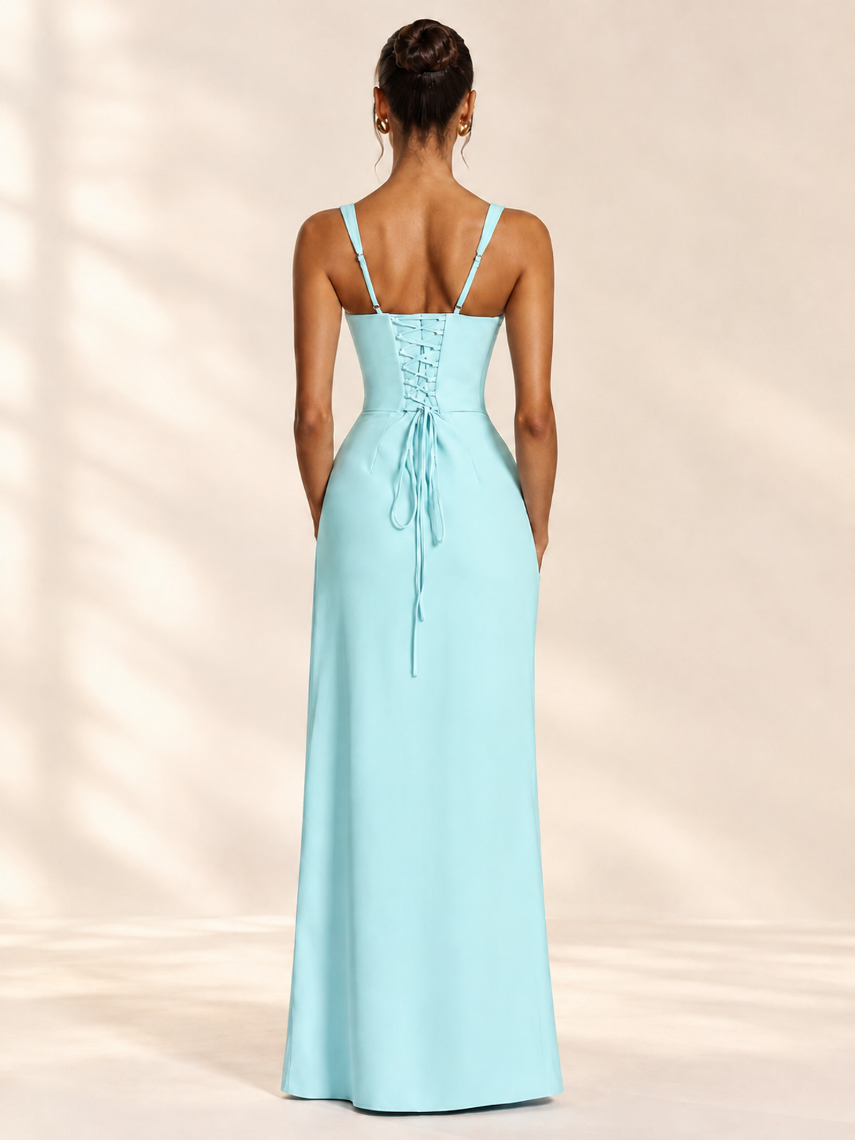 Square Neck Satin Sleeveless Ruched Prom Dress with High Slit