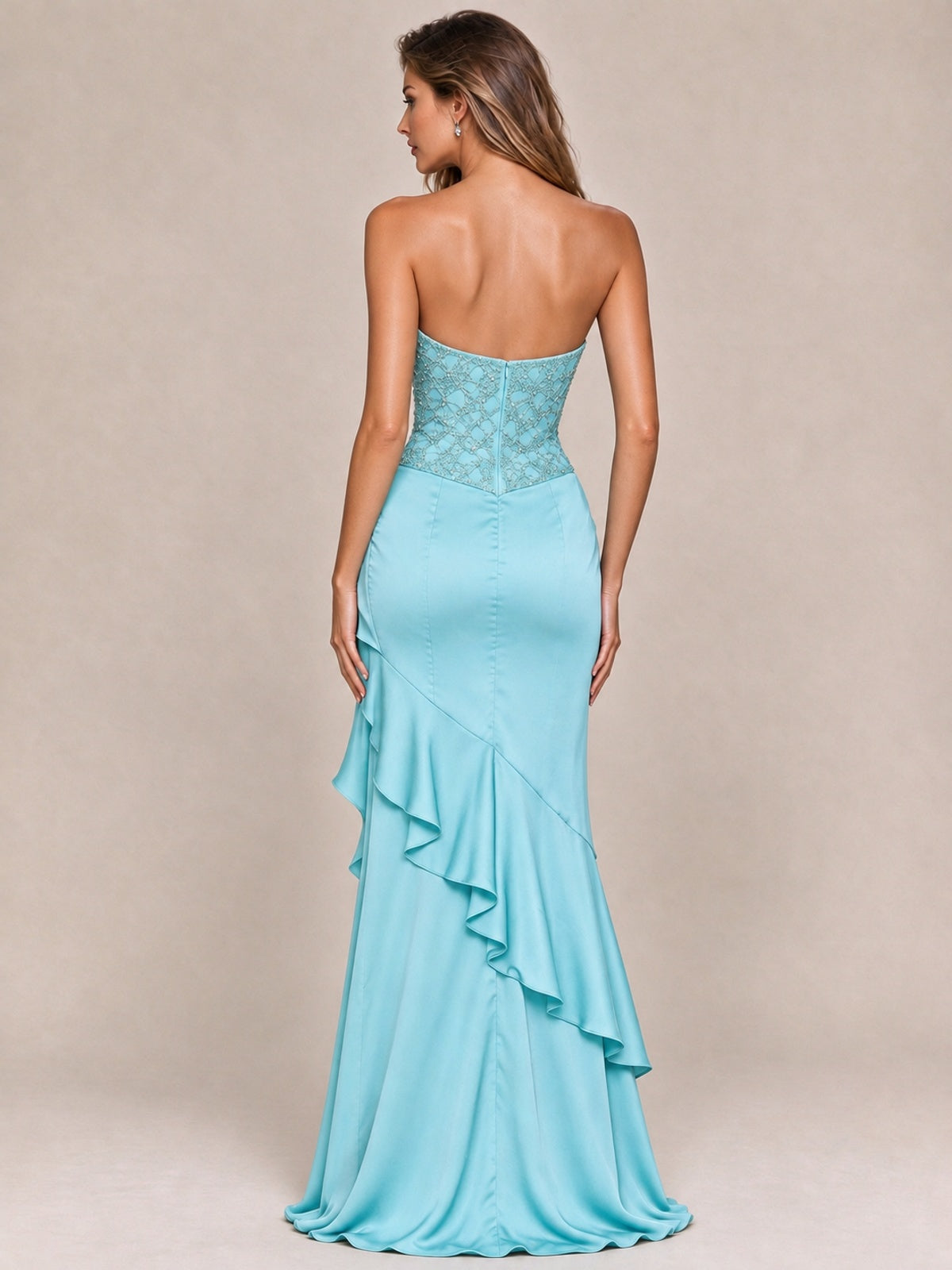 Strapless Lace Appliques Corset Satin Prom Dress Ruffle Slit Evening Gown
