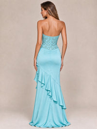 Strapless Lace Appliques Corset Satin Prom Dress Ruffle Slit Evening Gown