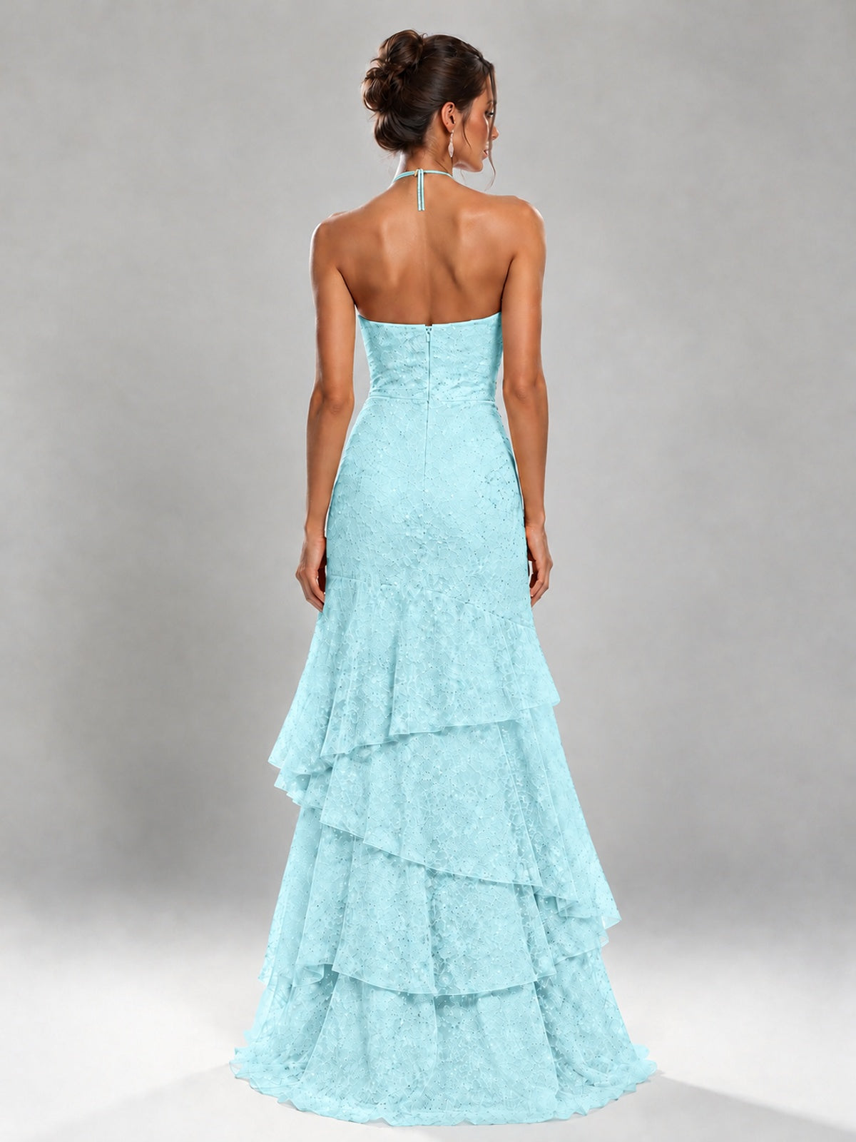 Halter Tiered Mermaid Prom Dress with Sparkly Lace