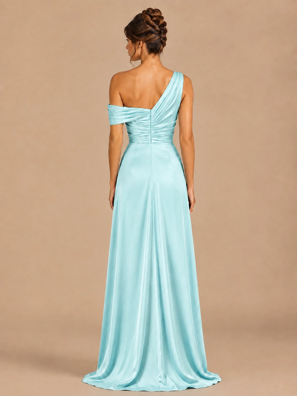 Satin One Shoulder Prom Dress Ruched Long Formal Evening Gown