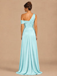 Satin One Shoulder Prom Dress Ruched Long Formal Evening Gown