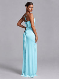 Square Neck Satin Long Prom Dress with Ruffles
