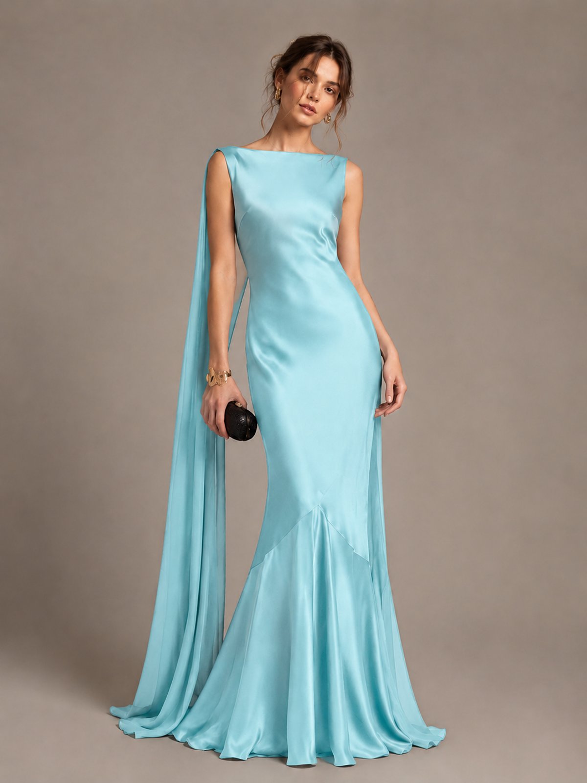 Burgundy Satin Mermaid Cape Maxi Dress
