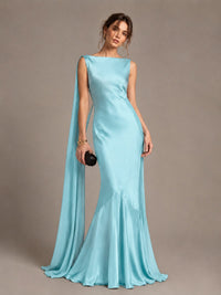 Burgundy Satin Mermaid Cape Maxi Dress