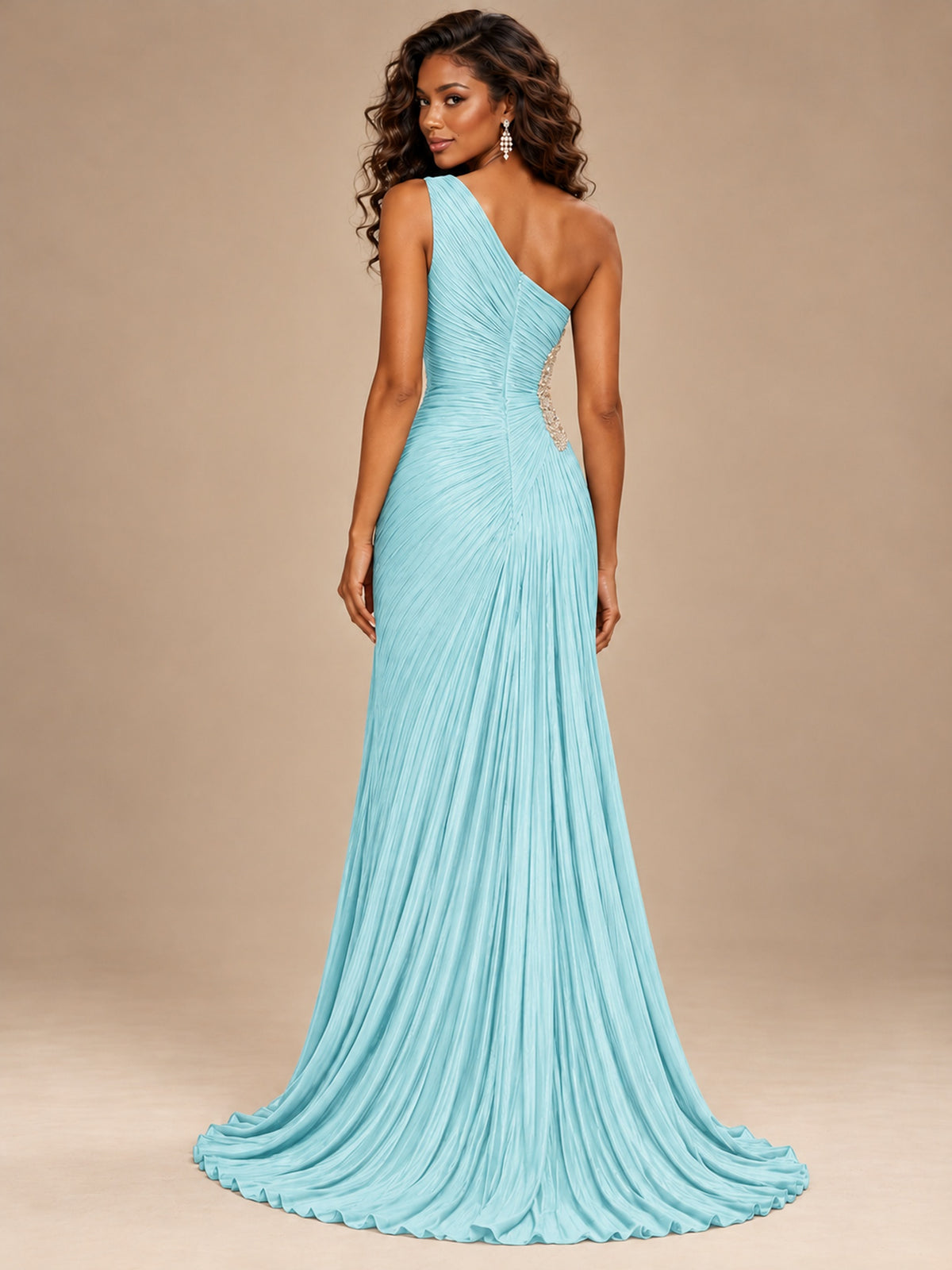 Burgundy One Shoulder Ruched Prom Dress with High Slit & Beaded Waist