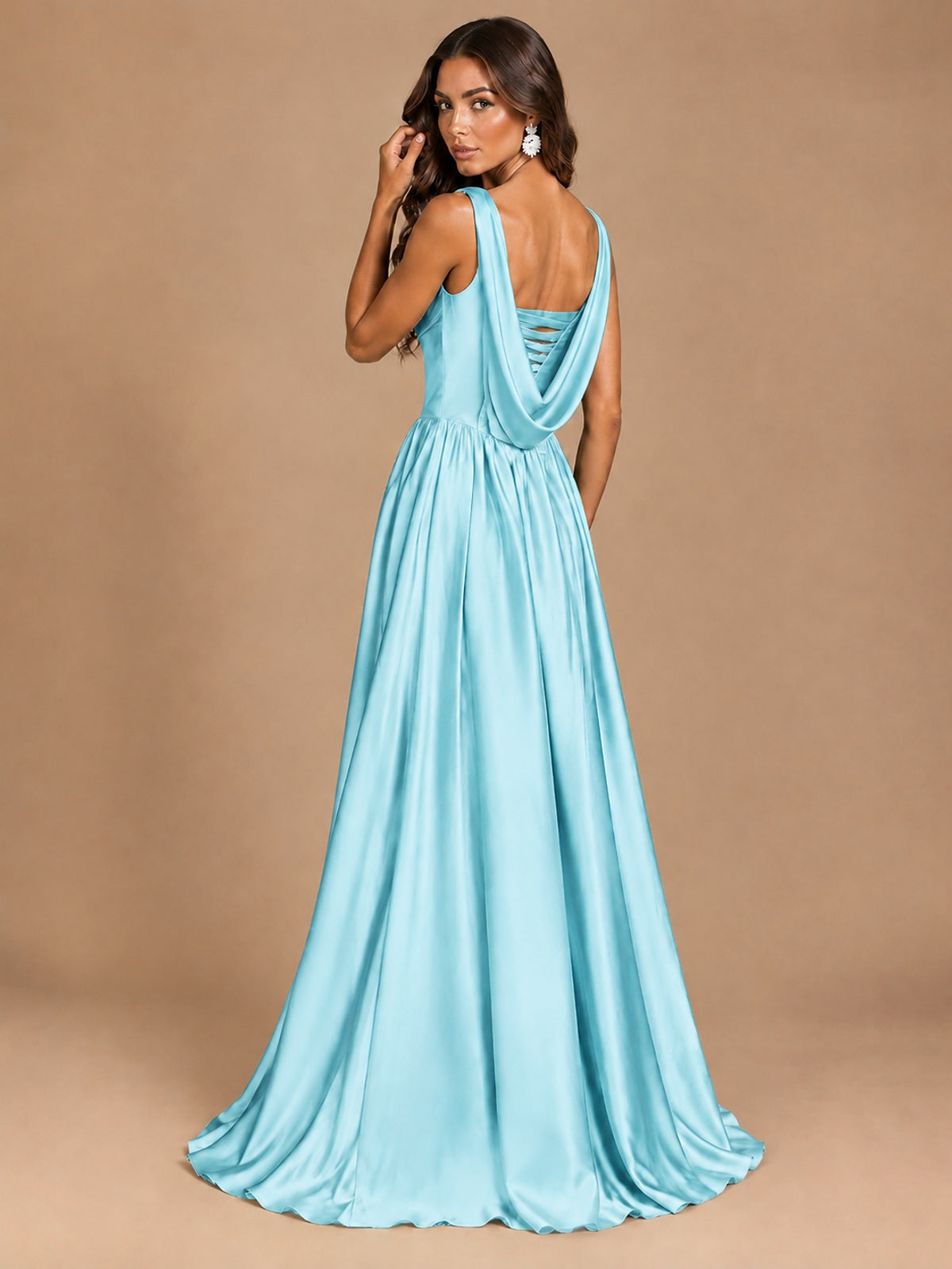 Cowl Neck Pleated Satin Prom Dress with Pockets & Slit Maxi Formal Gowns