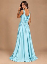Cowl Neck Pleated Satin Prom Dress with Pockets & Slit Maxi Formal Gowns
