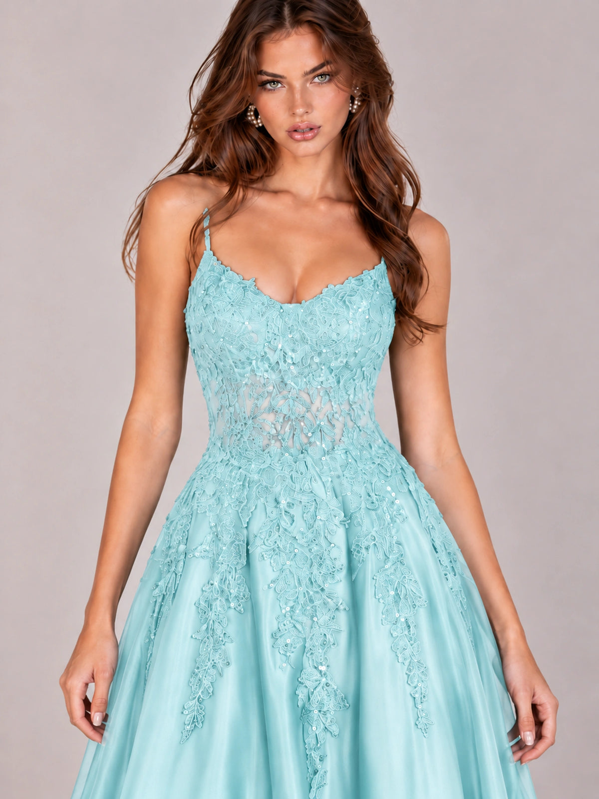 Lace Applique Satin A-Line Prom Dress with Sheer Bodice