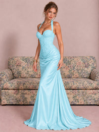 Sparkling Halter Corset Satin Mermaid Prom Dress