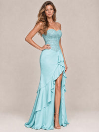 Strapless Lace Appliques Corset Satin Prom Dress Ruffle Slit Evening Gown
