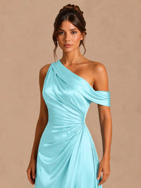 Satin One Shoulder Prom Dress Ruched Long Formal Evening Gown