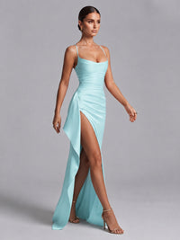 Square Neck Satin Long Prom Dress with Ruffles