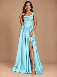 Cowl Neck Pleated Satin Prom Dress with Pockets & Slit Maxi Formal Gowns