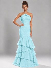 Halter Tiered Mermaid Prom Dress with Sparkly Lace