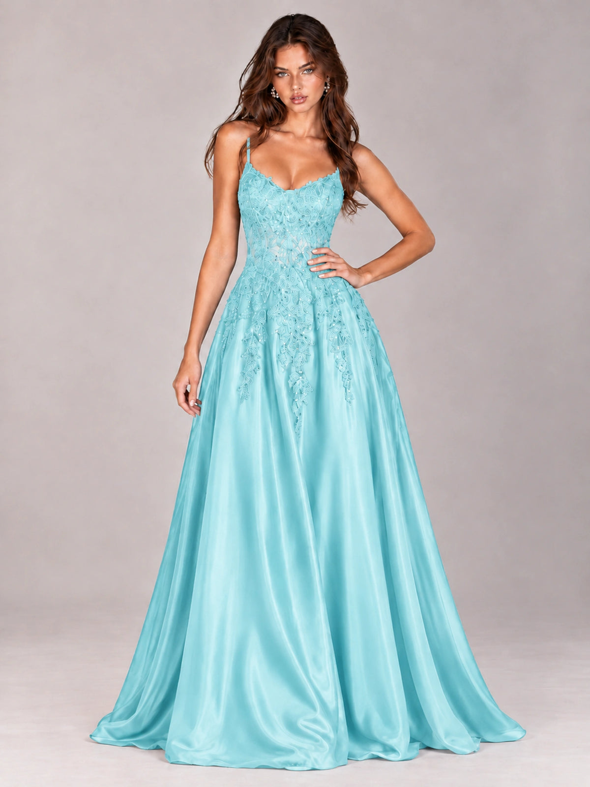 Lace Applique Satin A-Line Prom Dress with Sheer Bodice