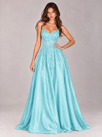 Lace Applique Satin A-Line Prom Dress with Sheer Bodice