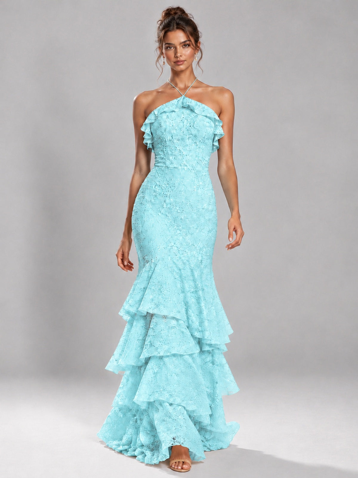 Halter Tiered Mermaid Prom Dress with Sparkly Lace