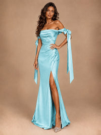 Off The Shuolder Satin Prom Dress Slit Mermaid Formal Gowns