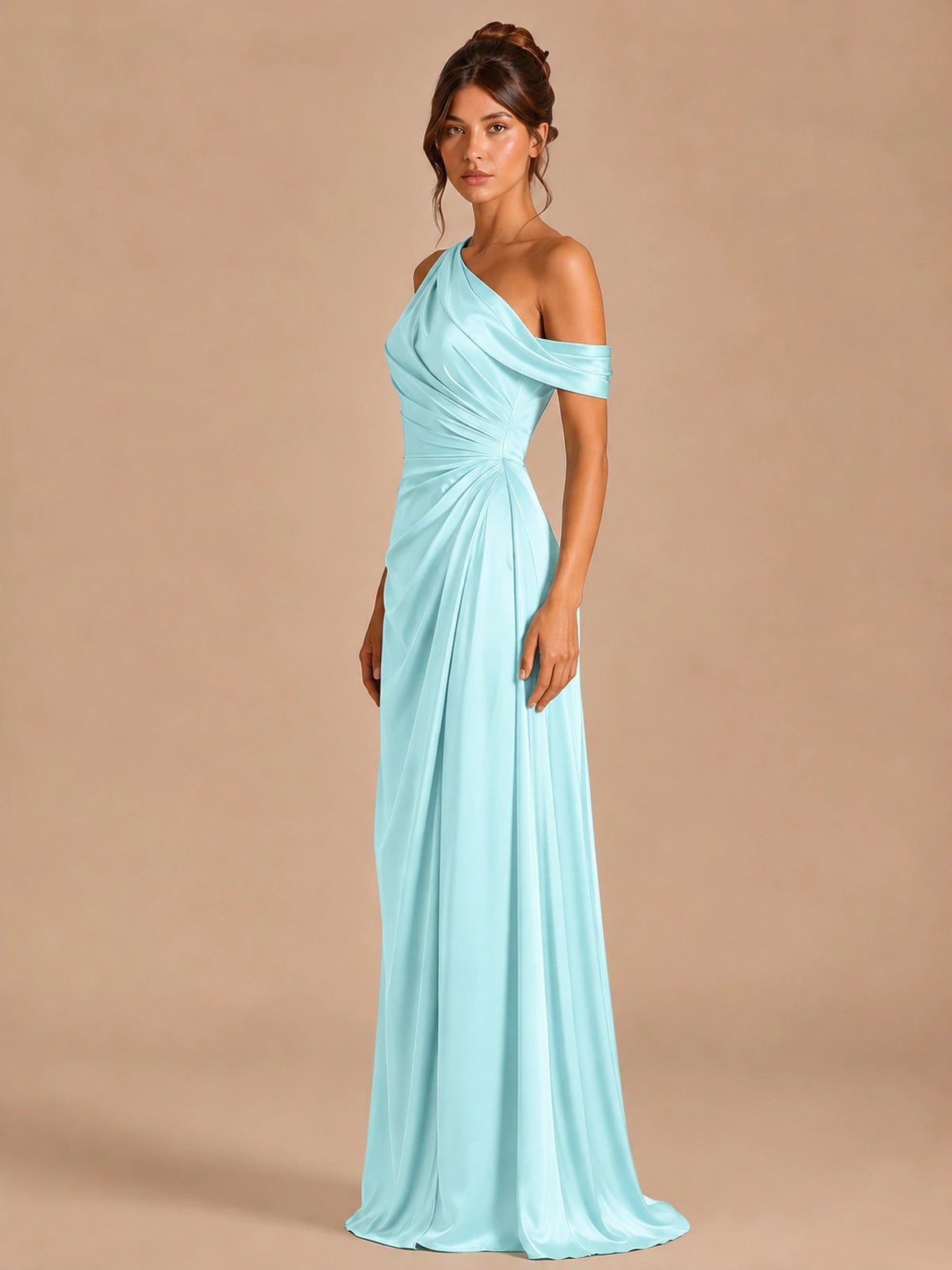 Satin One Shoulder Prom Dress Ruched Long Formal Evening Gown