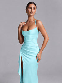 Square Neck Satin Long Prom Dress with Ruffles
