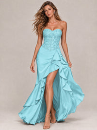 Strapless Lace Appliques Corset Satin Prom Dress Ruffle Slit Evening Gown