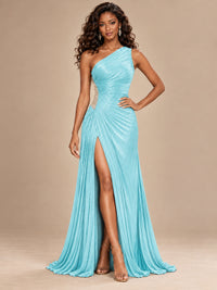 Burgundy One Shoulder Ruched Prom Dress with High Slit & Beaded Waist