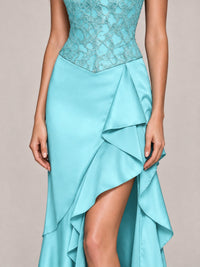 Strapless Lace Appliques Corset Satin Prom Dress Ruffle Slit Evening Gown
