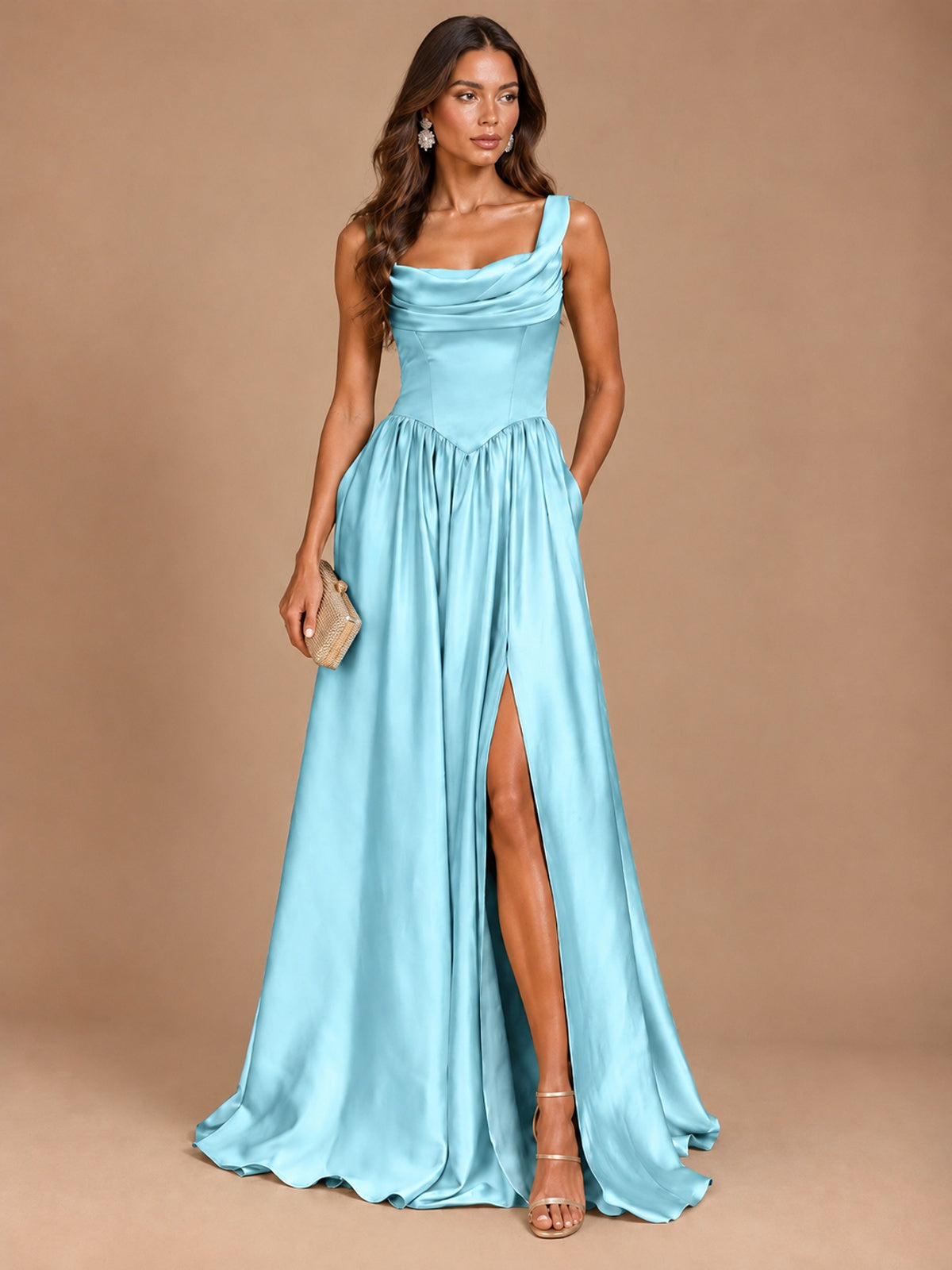 Cowl Neck Pleated Satin Prom Dress with Pockets & Slit Maxi Formal Gowns