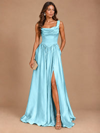 Cowl Neck Pleated Satin Prom Dress with Pockets & Slit Maxi Formal Gowns