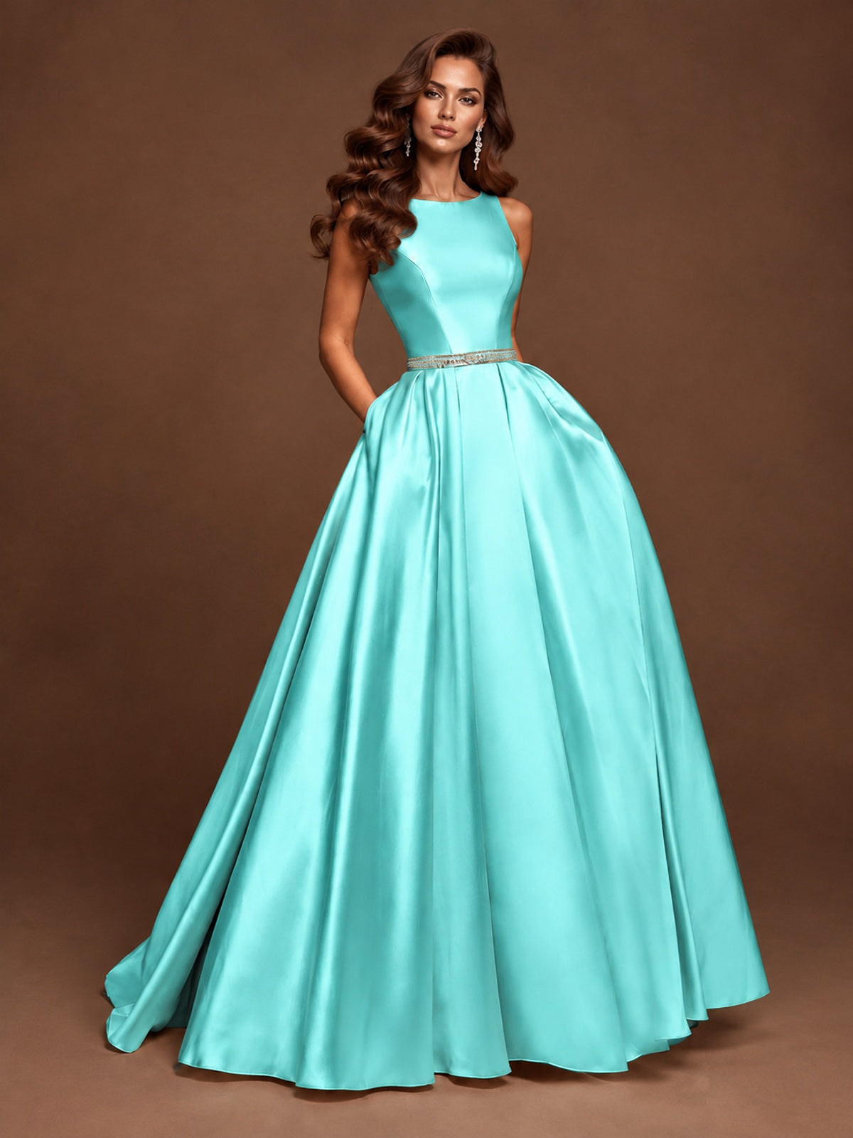 Satin A-Line Prom Dress Sleeveless Beaded Waist Formal Gown with Pockets