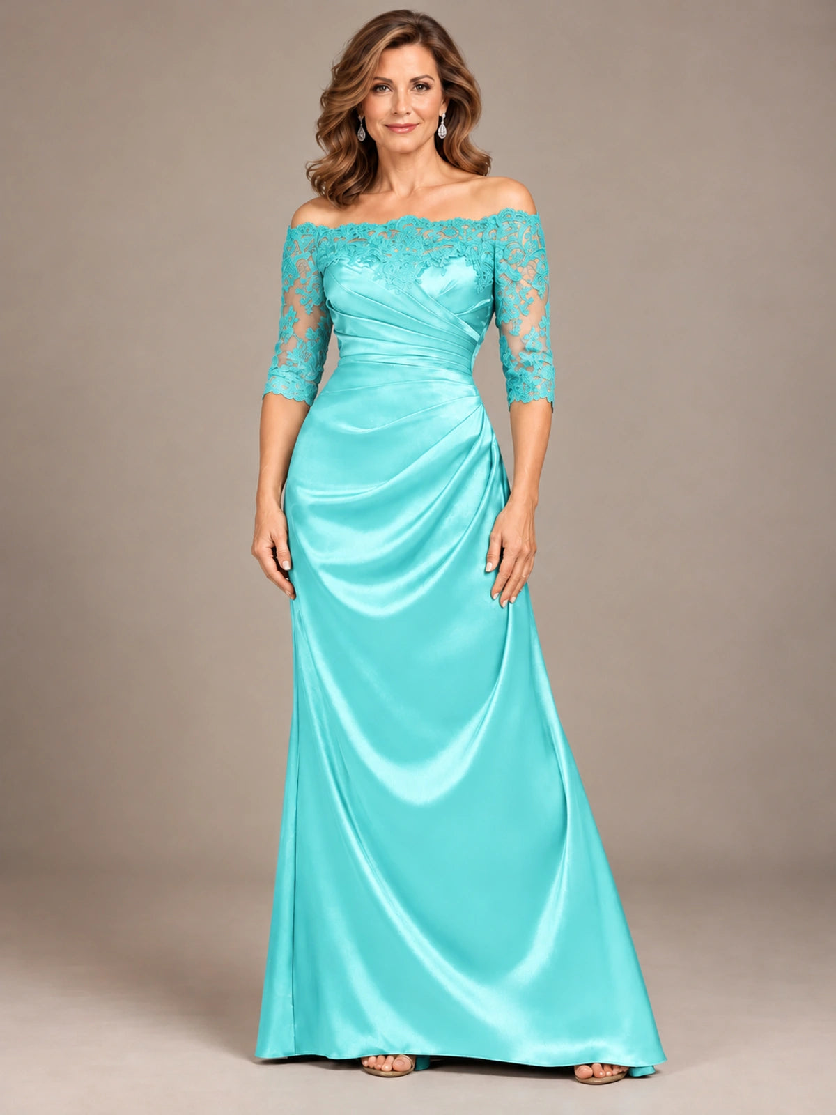 Satin Mother of the Bride Dress with Lace Sleeves Off Shoulder Formal Gown